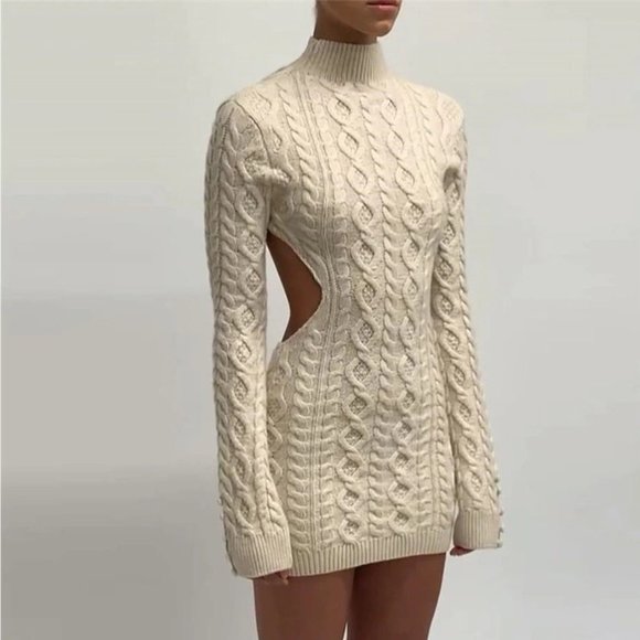 Long Sleeve Turtleneck Sweater Dress Open Back Mini Dress - Beige - Picture 12 of 14